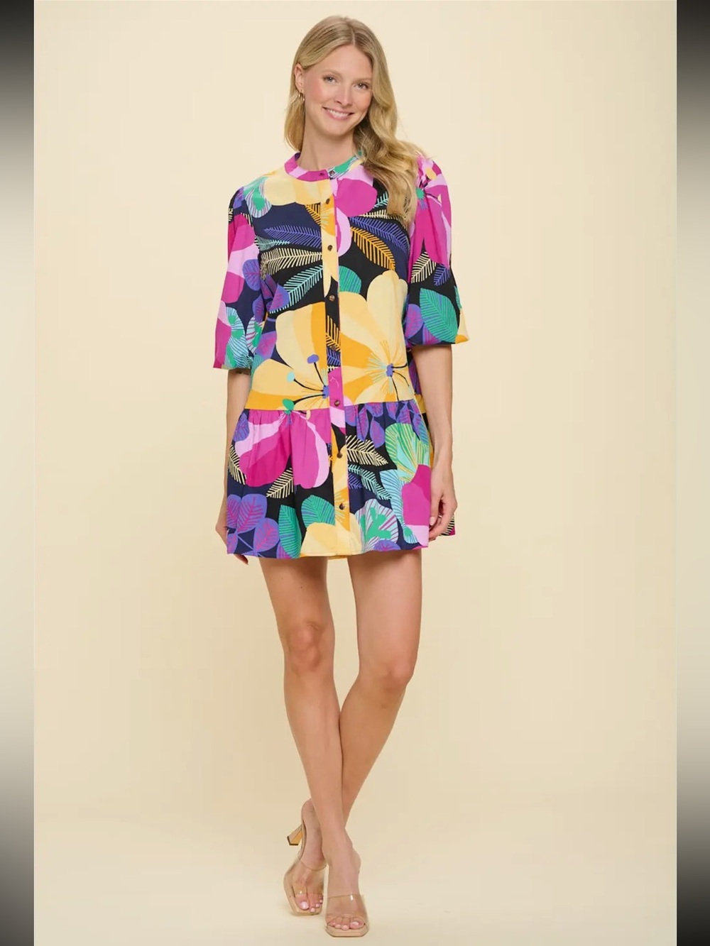 Vibrant Tropical Floral Button-Front Mini Dress - meet me in Santorini